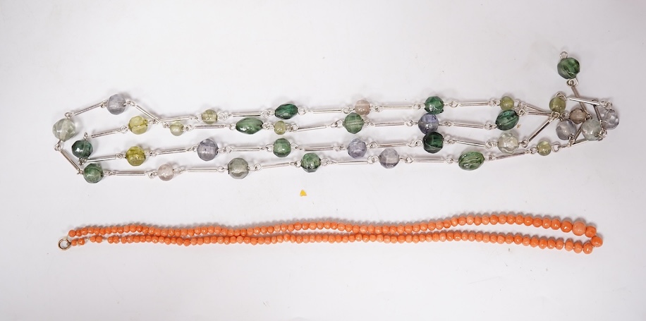 A small quantity of assorted mainly costume jewellery including a pair of malachite earrings and a graduated coral bead necklace, together with an Omega watch box and a gentleman's Quamer quartz wrist watch. Condition -